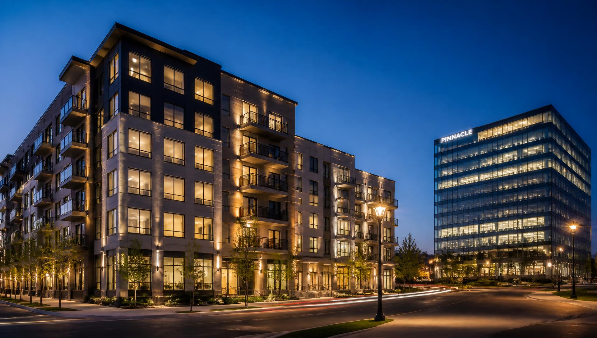 Multi-family apartment building and commercial office tower at dusk